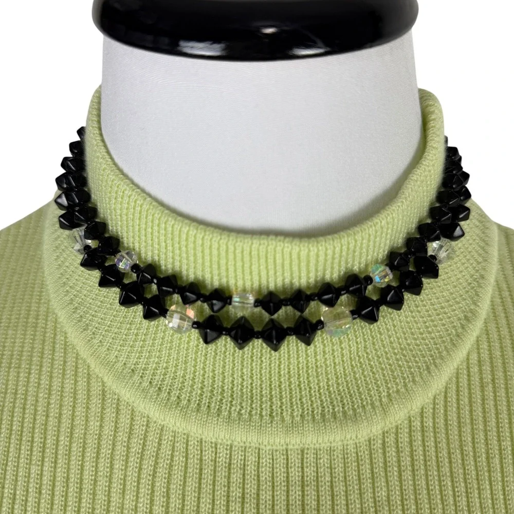 Vintage Japan Double Strand Black Faceted Bead Crystal‎ Choker Necklace 14-16in